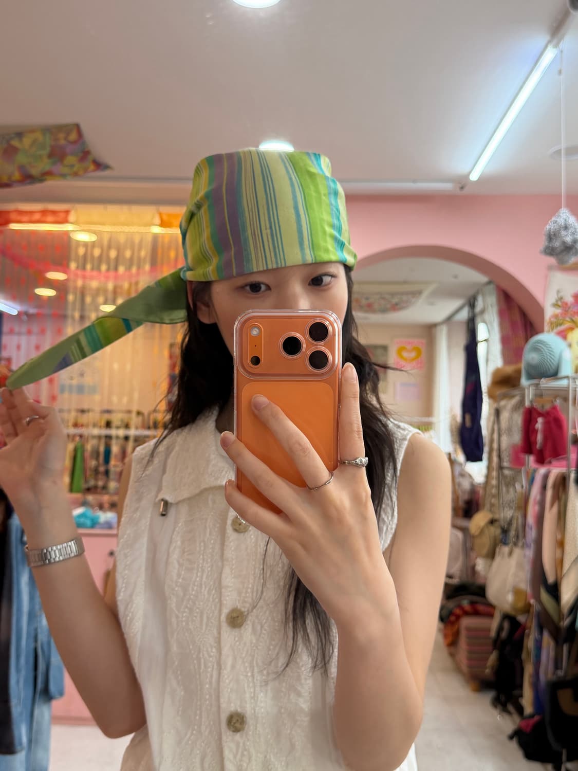 빈티지 에스닉 그린 스트라이프 스카프 상품이미지3