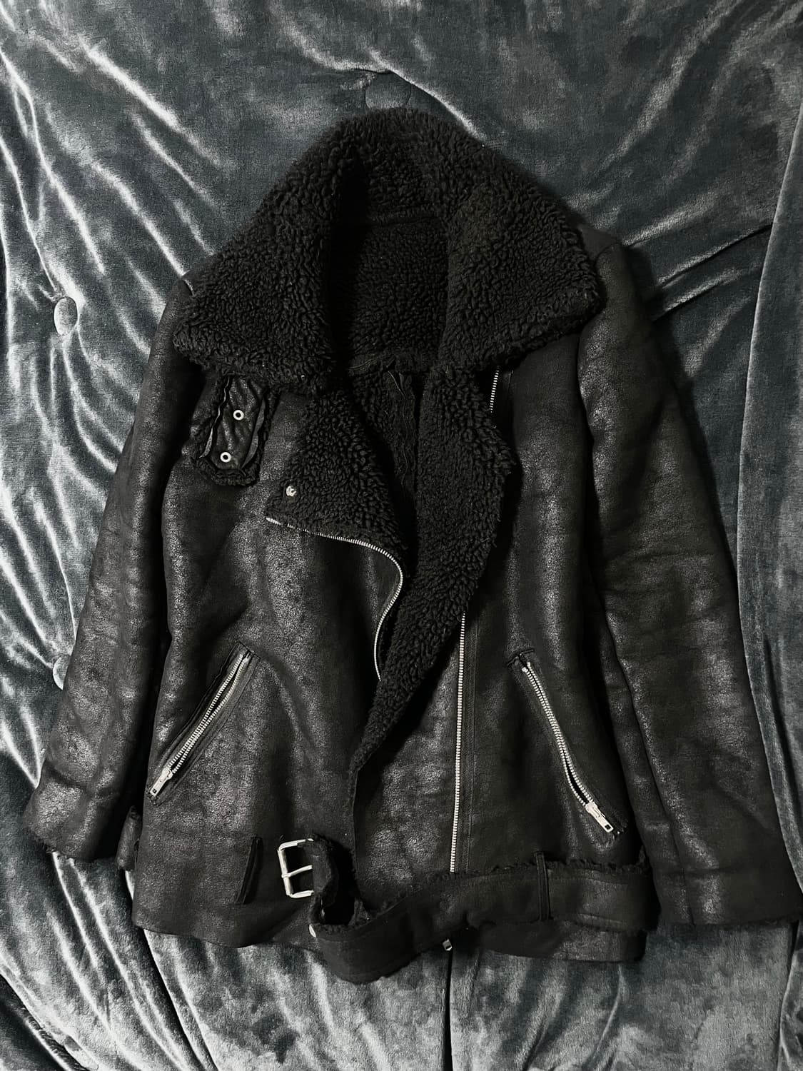 하이넥 벨티드 사선지퍼 시어링 자켓 무스탕 블랙 00s Vkei 락시크 상품이미지2