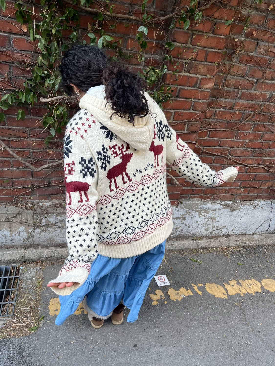 노르딕 패턴 양털 니트 후드 집업 아우터 상품이미지5