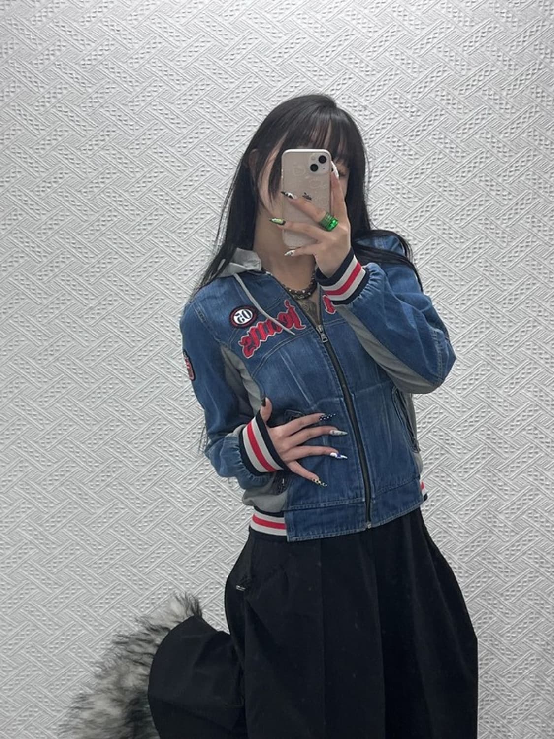 푸부 올드스쿨 레트로 Y2K 패치워크 데님 후드집업 M C08609 상품이미지2