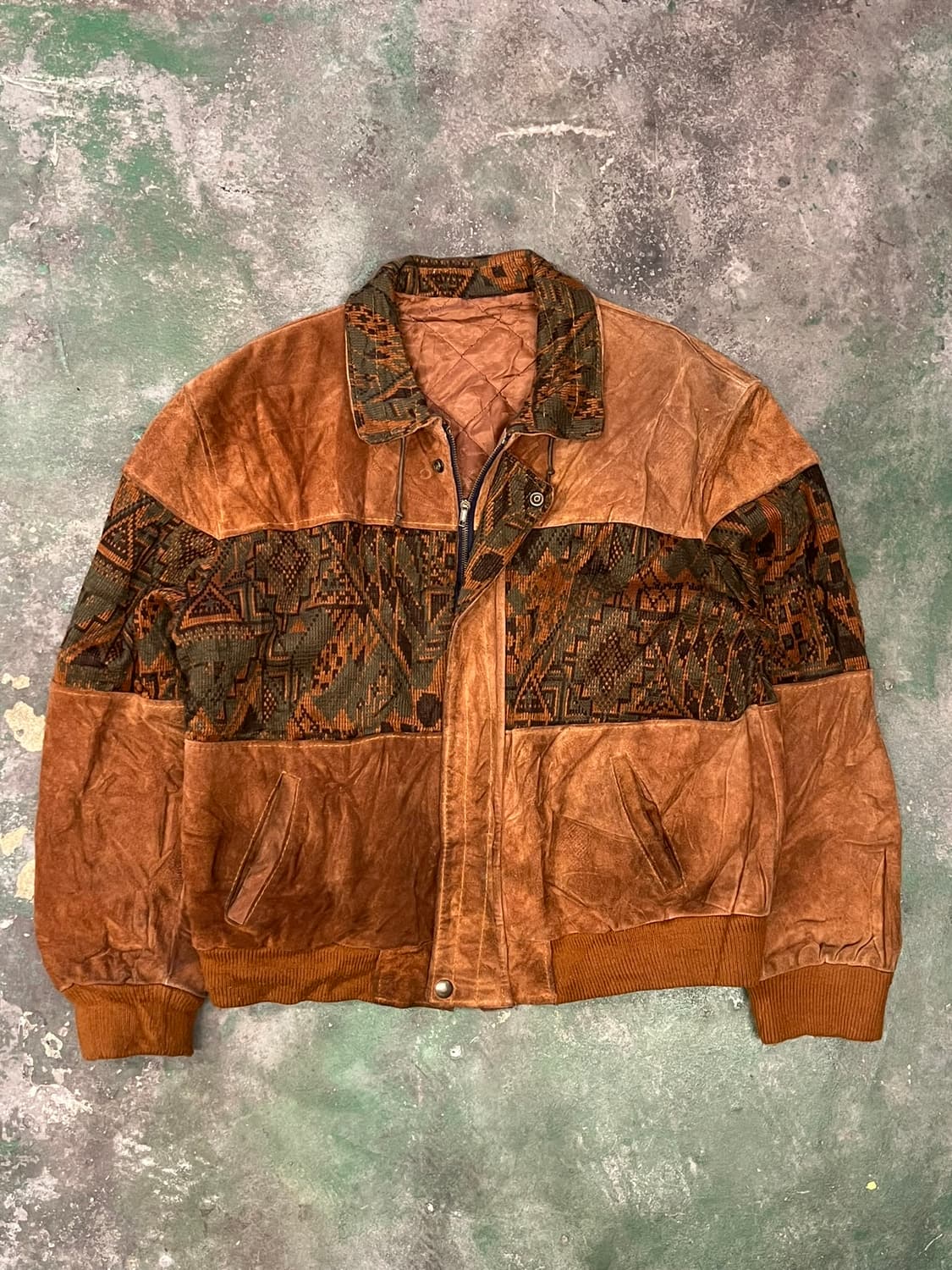 90's [XL] 빈티지 웨스턴 가죽 스웨이드 자켓 아즈텍 자카드 봄버 상품이미지1