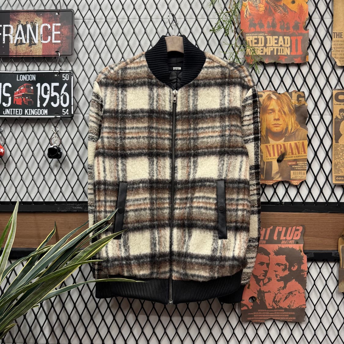 시스템 울 모헤어 블루종 자켓 체크 패턴 안감 퀼팅 디테일 브라운 화이트 상품이미지1