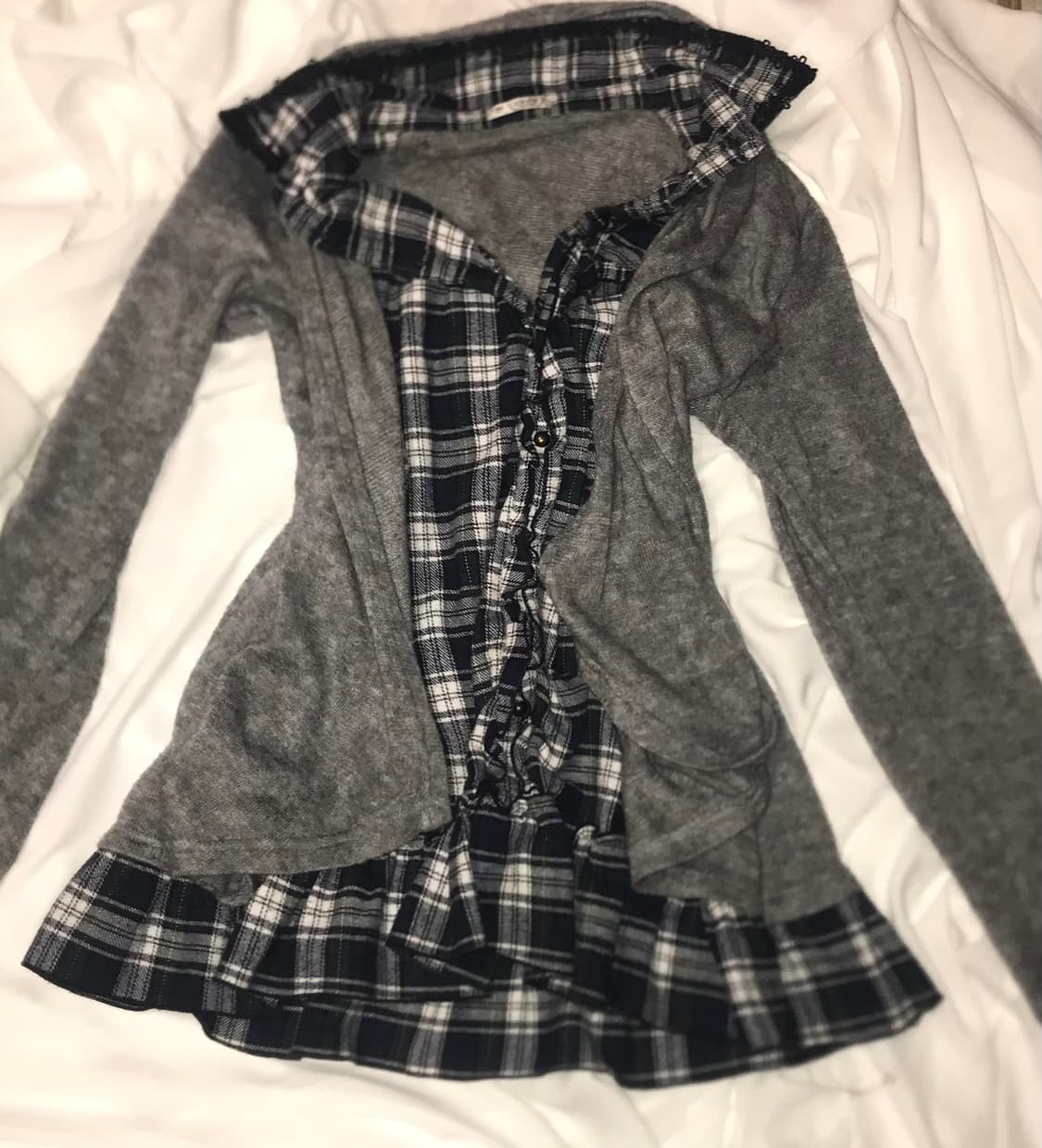 모리걸 체크 셔츠 레이어드 니트 가디건 상품이미지1