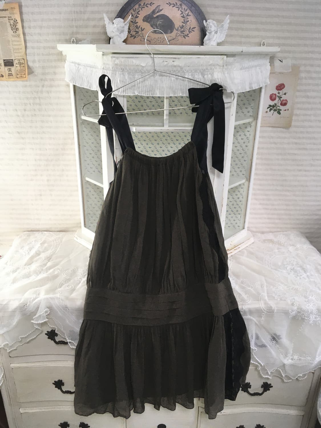 빈티지 아카이브 카키 레이스 리본 원피스 상품이미지8