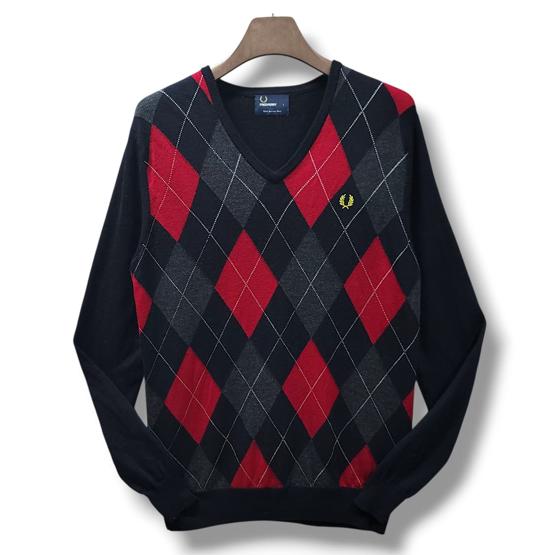 [L] 프레드페리 아가일 브이넥 메리노울 스웨터 니트 상품이미지1