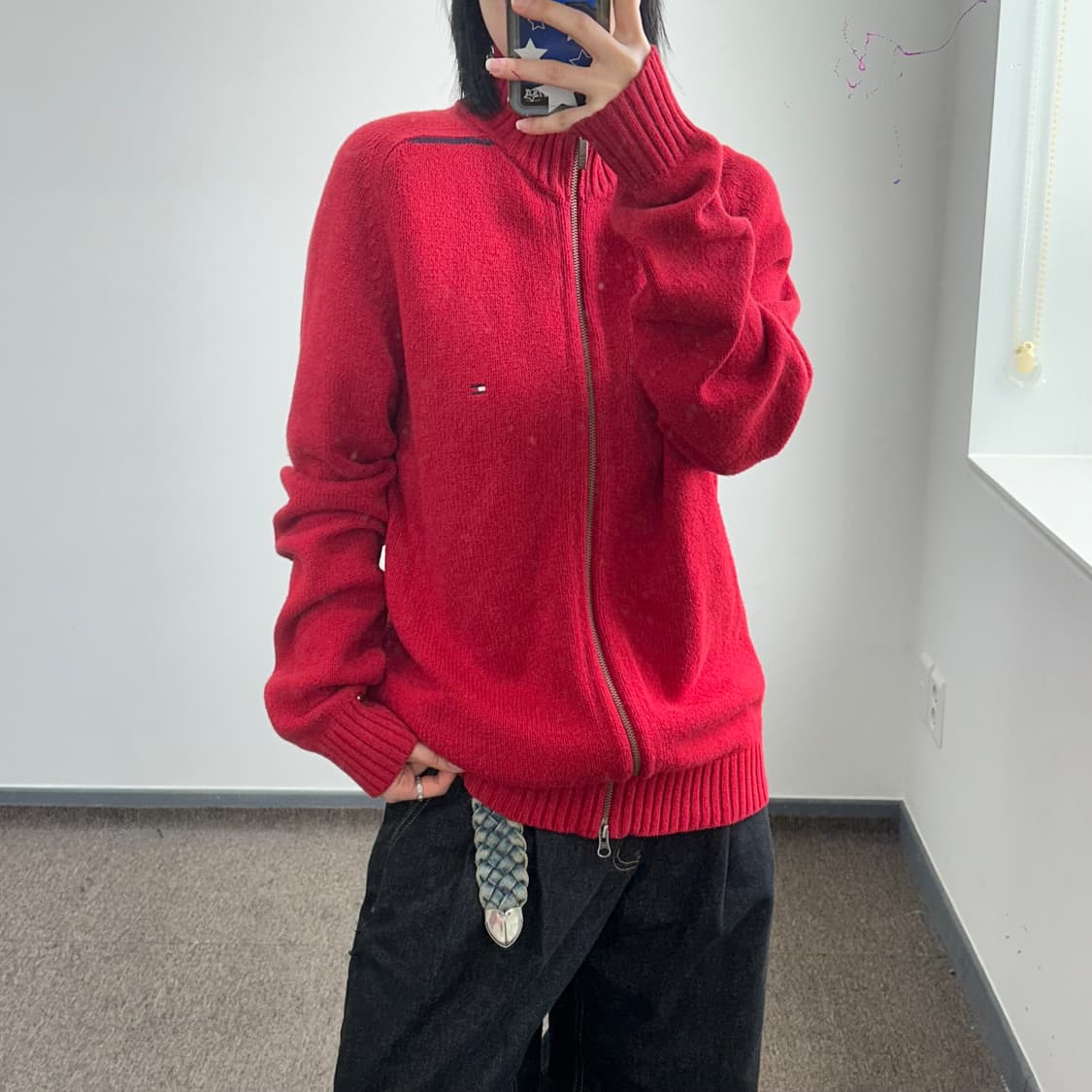 Tommy hilfiger 타미힐피거 2-way 레드 니트 집업 상품이미지2