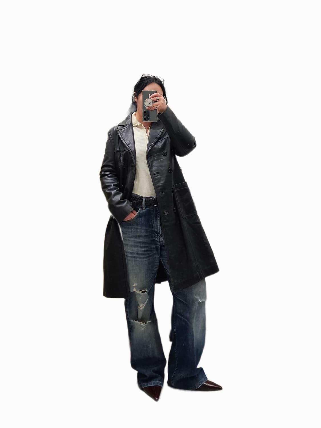 90's Mon Tresor  블랙 램스킨 더블 롱자켓 상품이미지1