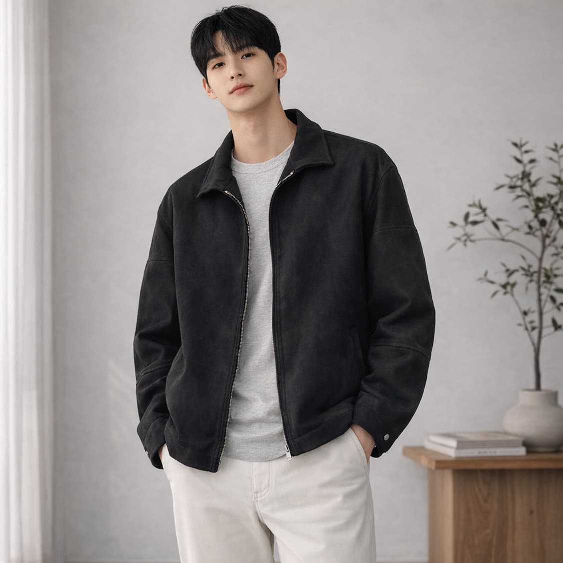 아이러니포르노 스웨이드 터치 크롭 카라 집업 자켓 블랙 상품이미지2