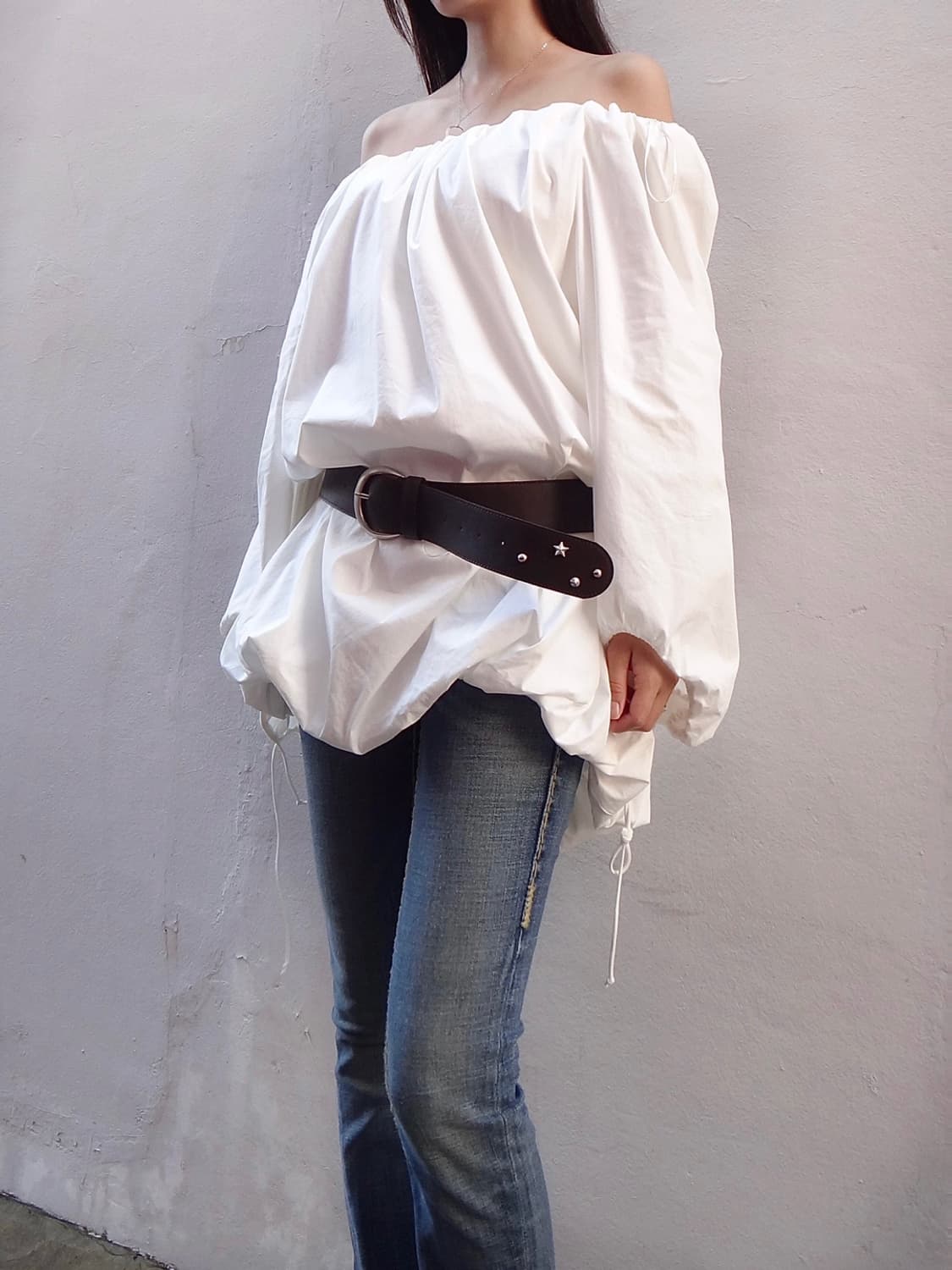 Off shoulder pumpkin ops & top / white 상품이미지2