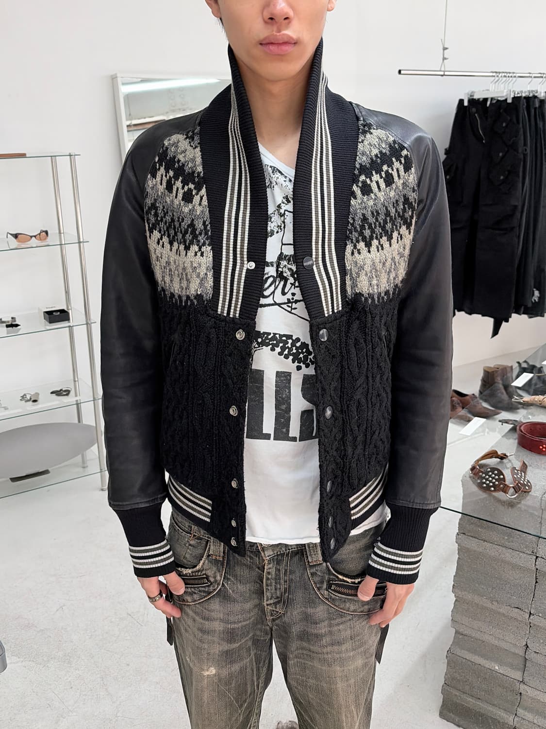 미하라 야스히로 모헤어 홀스 레더 바시티 자켓 상품이미지1