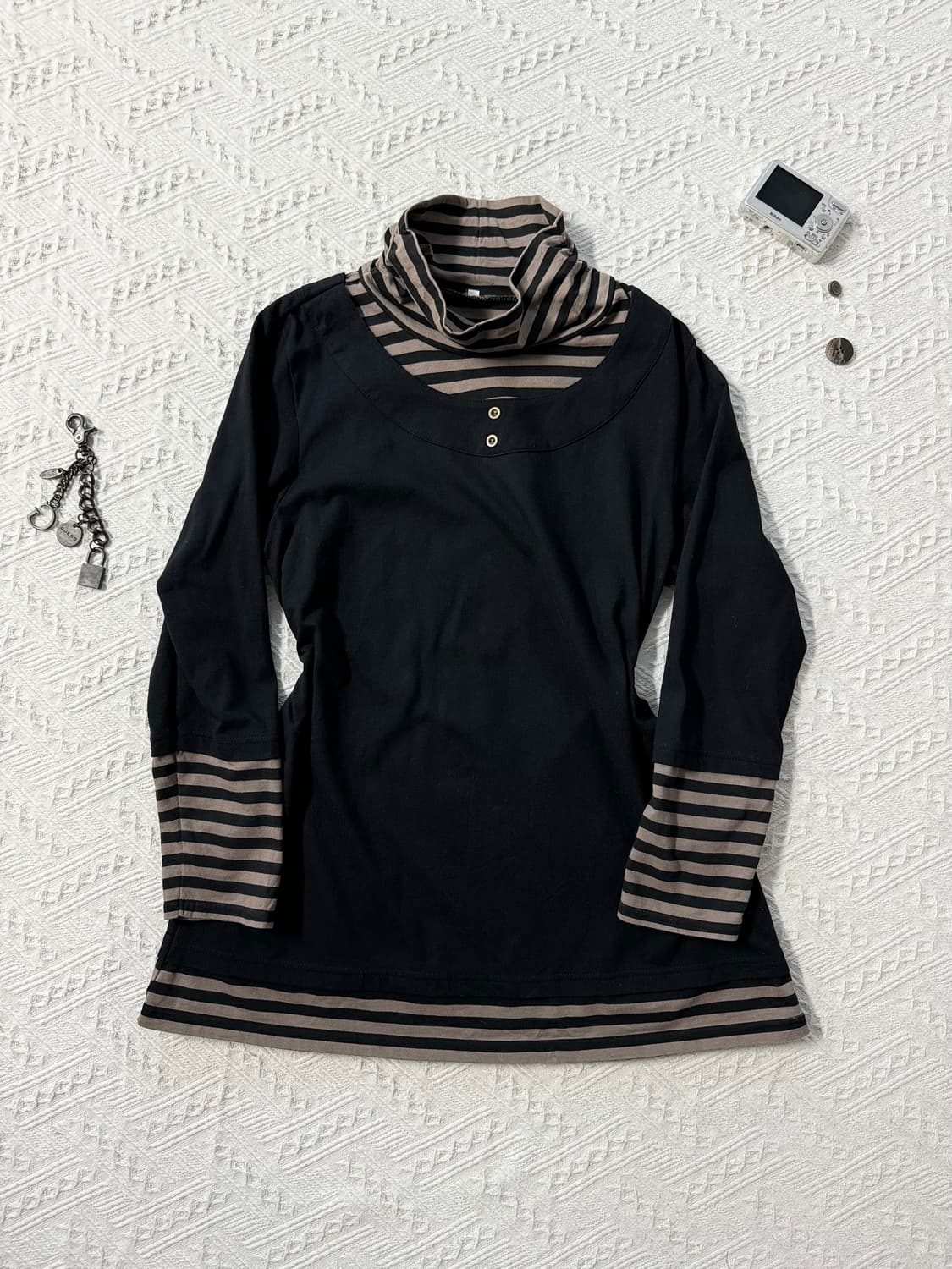 셔링 넥 레이어드 버튼 도트 패턴 스커트 2pcs SET 상품이미지5