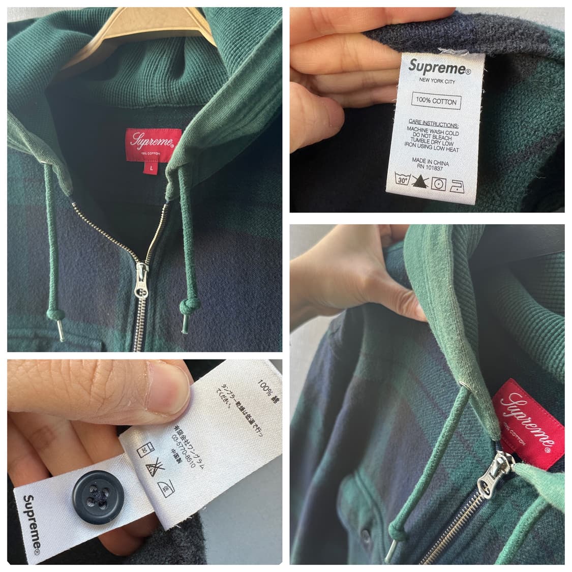 슈프림 16FW 후디드 체크 하프 집업 플란넬 셔츠 네이비 그린 L 상품이미지10