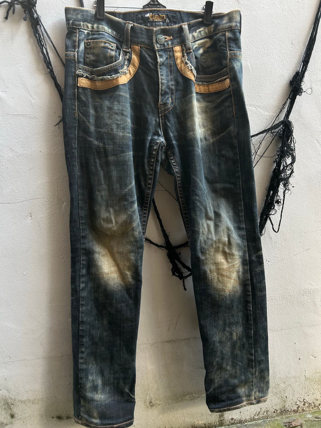2000s clowd 72 펑크 크로스 레더 워싱 데님팬츠  상품이미지2