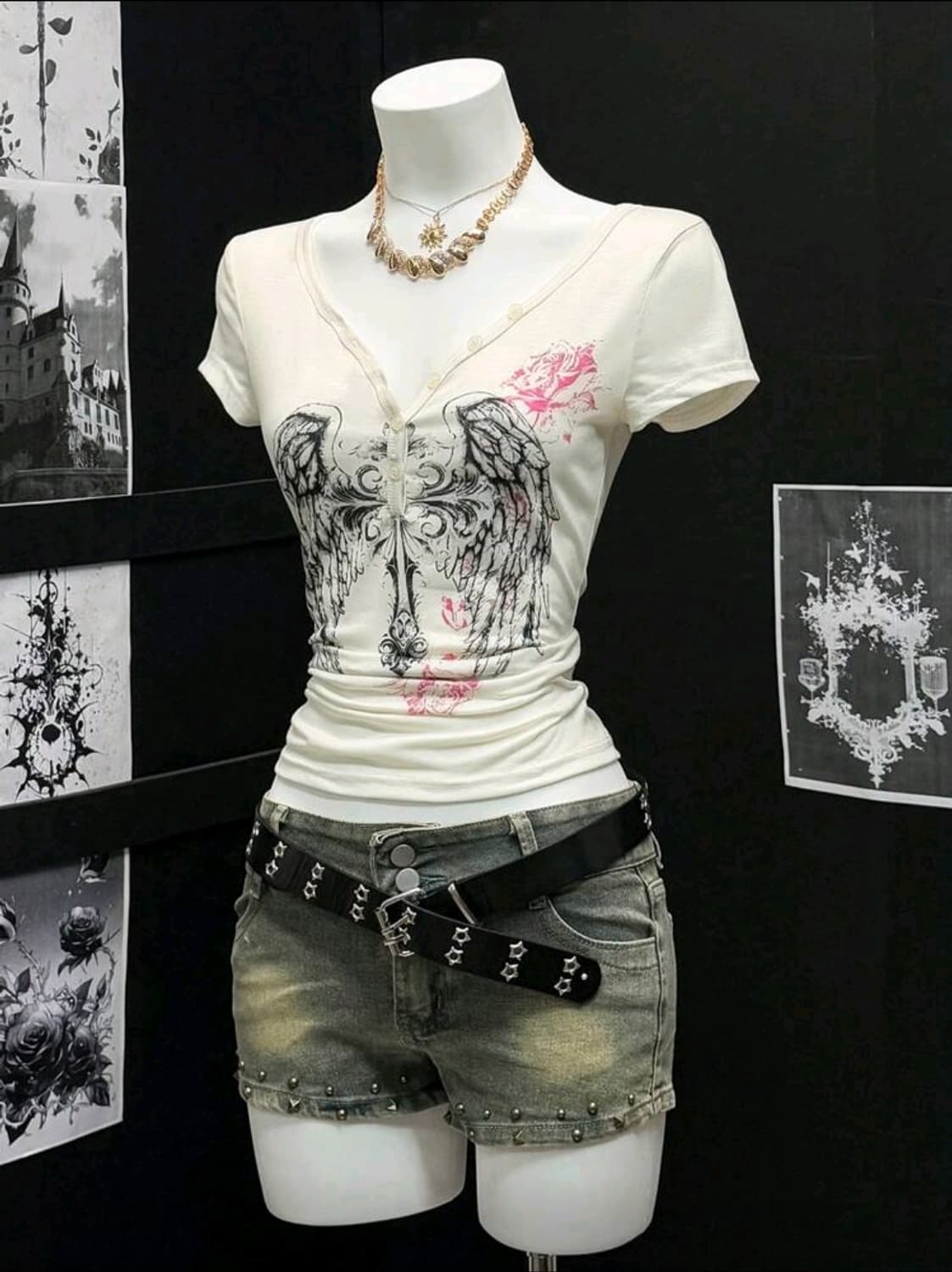 빈티지 펑크 하라주쿠 y2k 브이넥 버클 반팔 상품이미지4