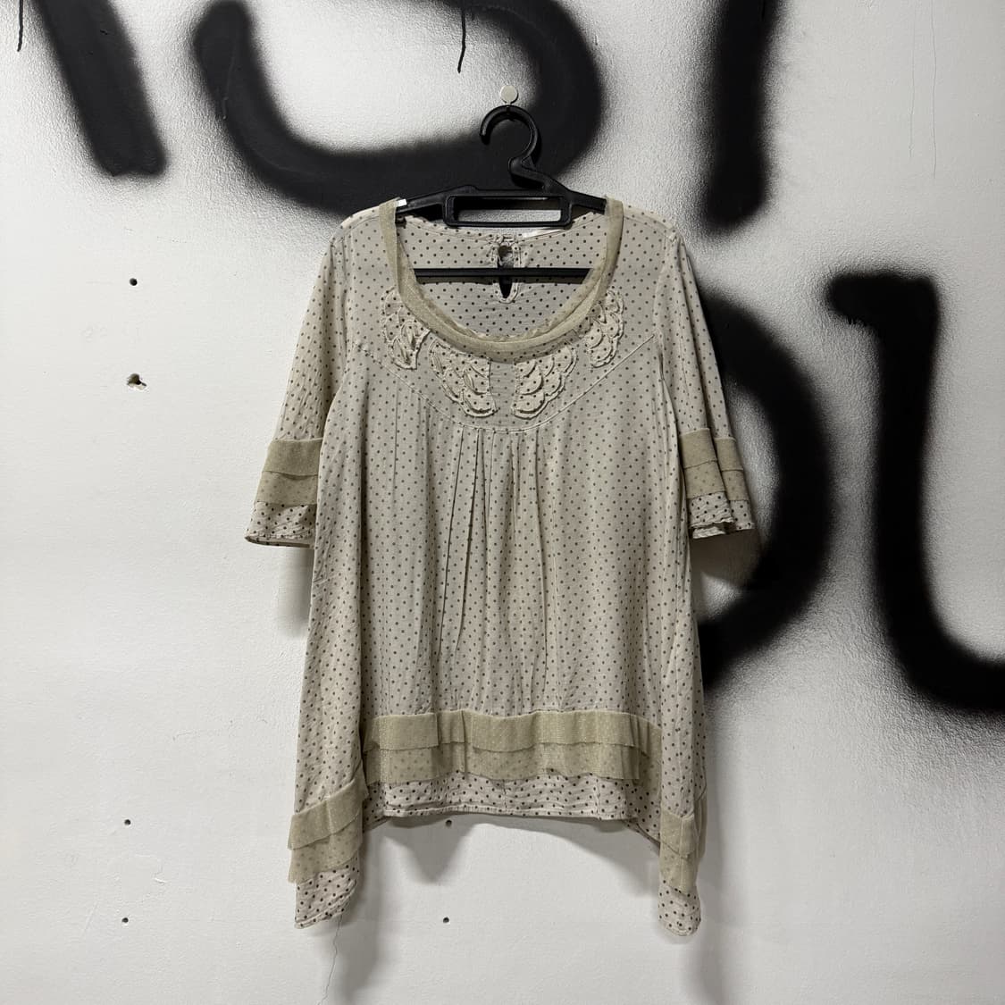 VTG 빈티지 도트 패턴 언발 레이스 반팔 레이어드 탑 상품이미지1