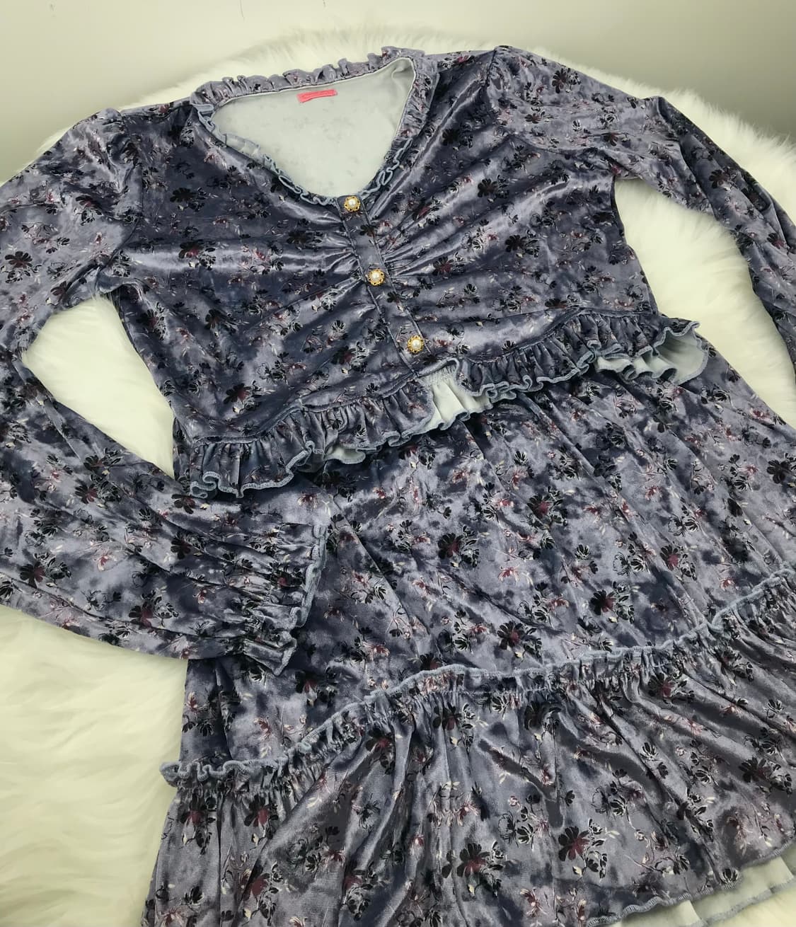 라벤더 플로럴 벨벳 셋업 크롭블라우스 보라색스커트세트 빈티지모리걸원피스 상품이미지4