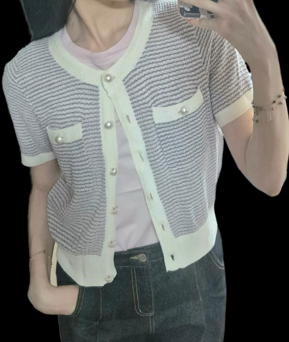 아틀리에 나인 NAIN 트위드 느낌 여름 니트 반팔 가디건 상품이미지6