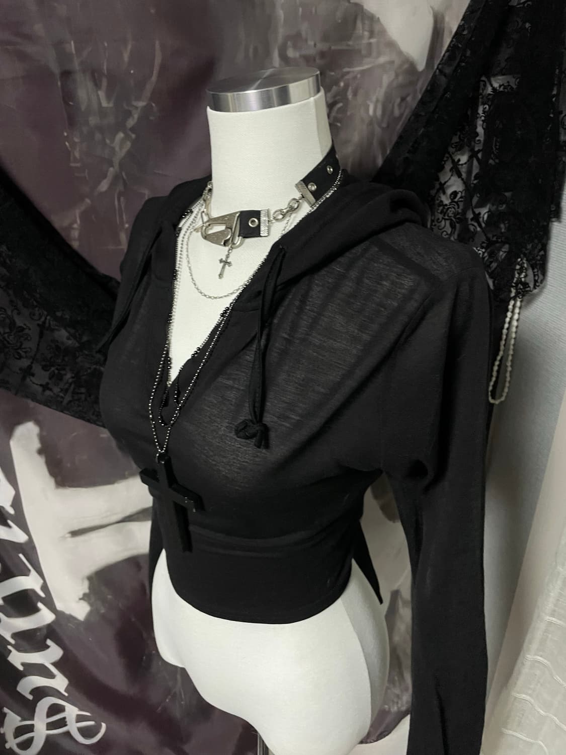 빈티지 시스루 크롭 후드 백포인트 레이어드 롱슬리브탑 00s 2010고스 상품이미지5