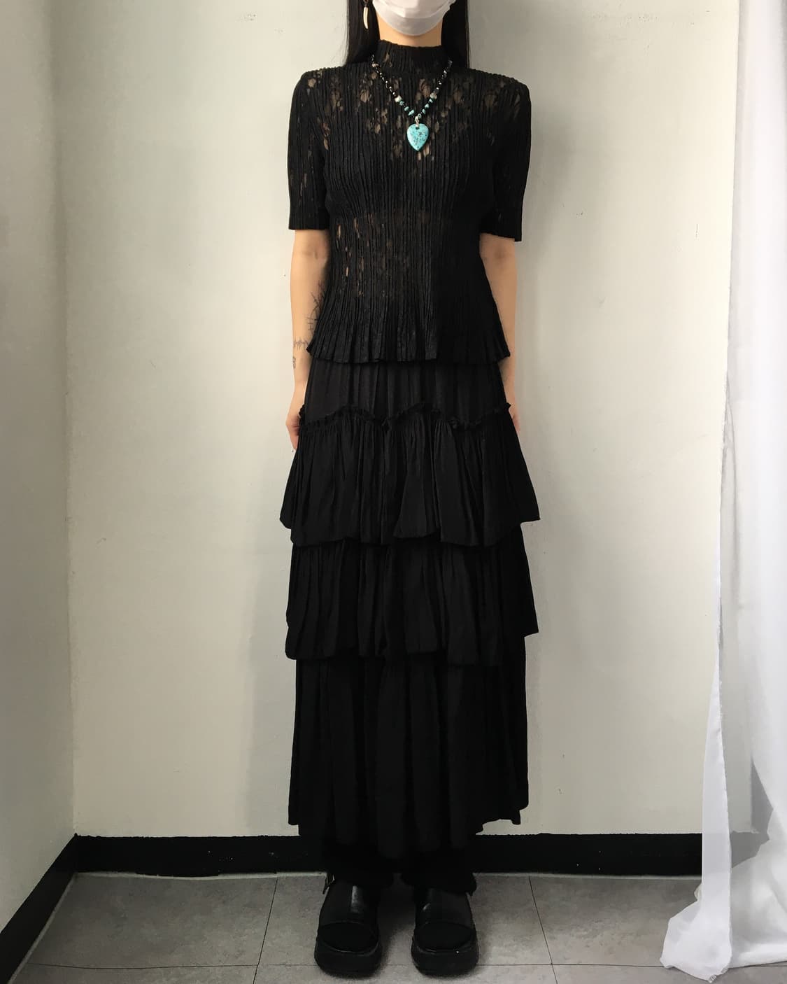 Pattern pleats high neck top 상품이미지6