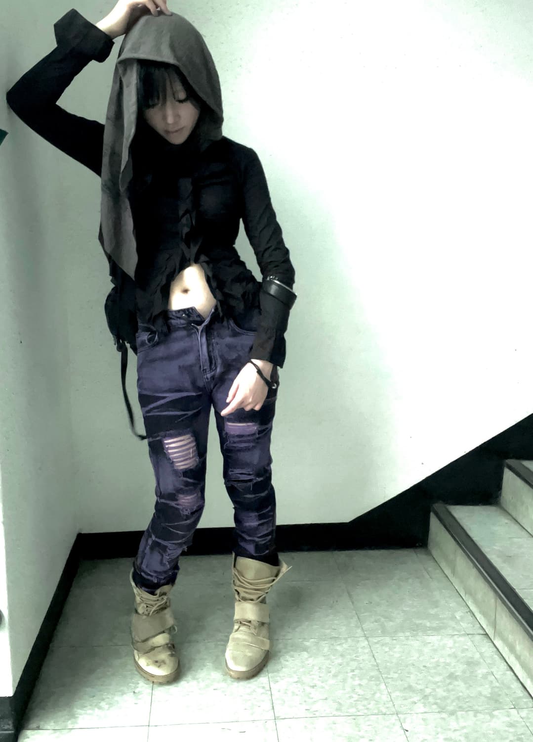 mixed color washing damaged denim pants 상품이미지1