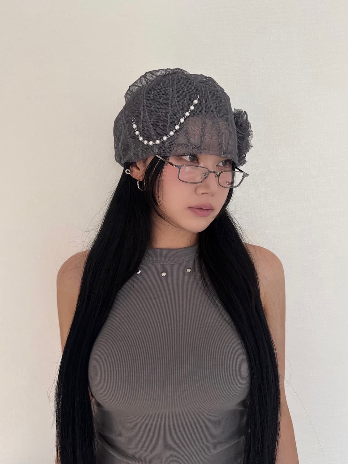 로즈 레이스 진주체인 코사지 시스루 비니 상품이미지8