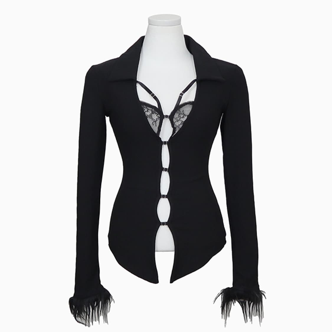 오네갸루 블랙 레이스 컷아웃 슬림 가디건 탑 상품이미지3