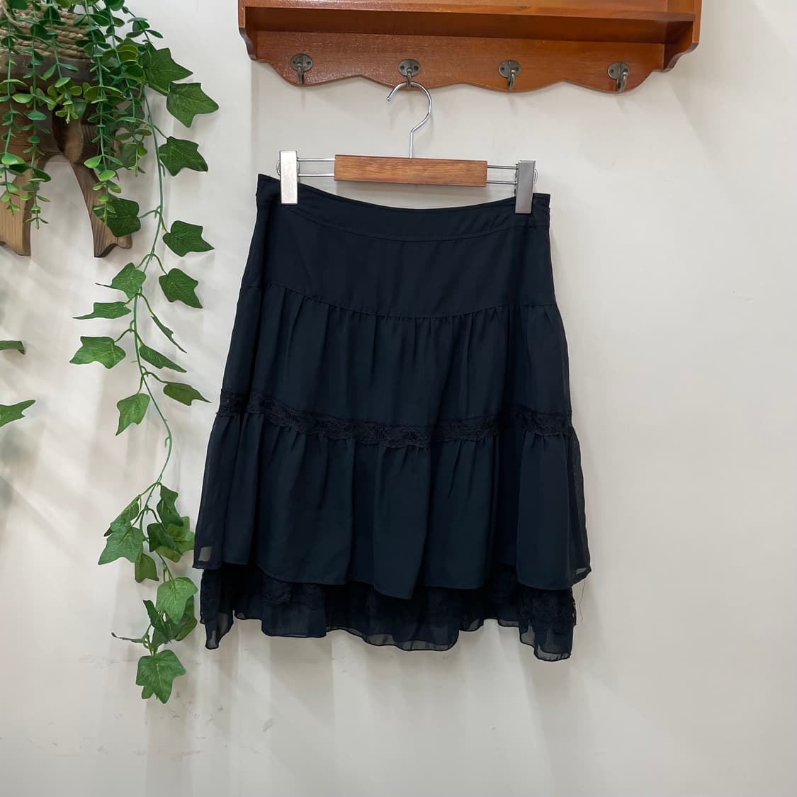 블랙 레이스 티어드 쉬폰 미디 스커트 블랙 로맨틱 쿠로펑크 🏠 상품이미지3