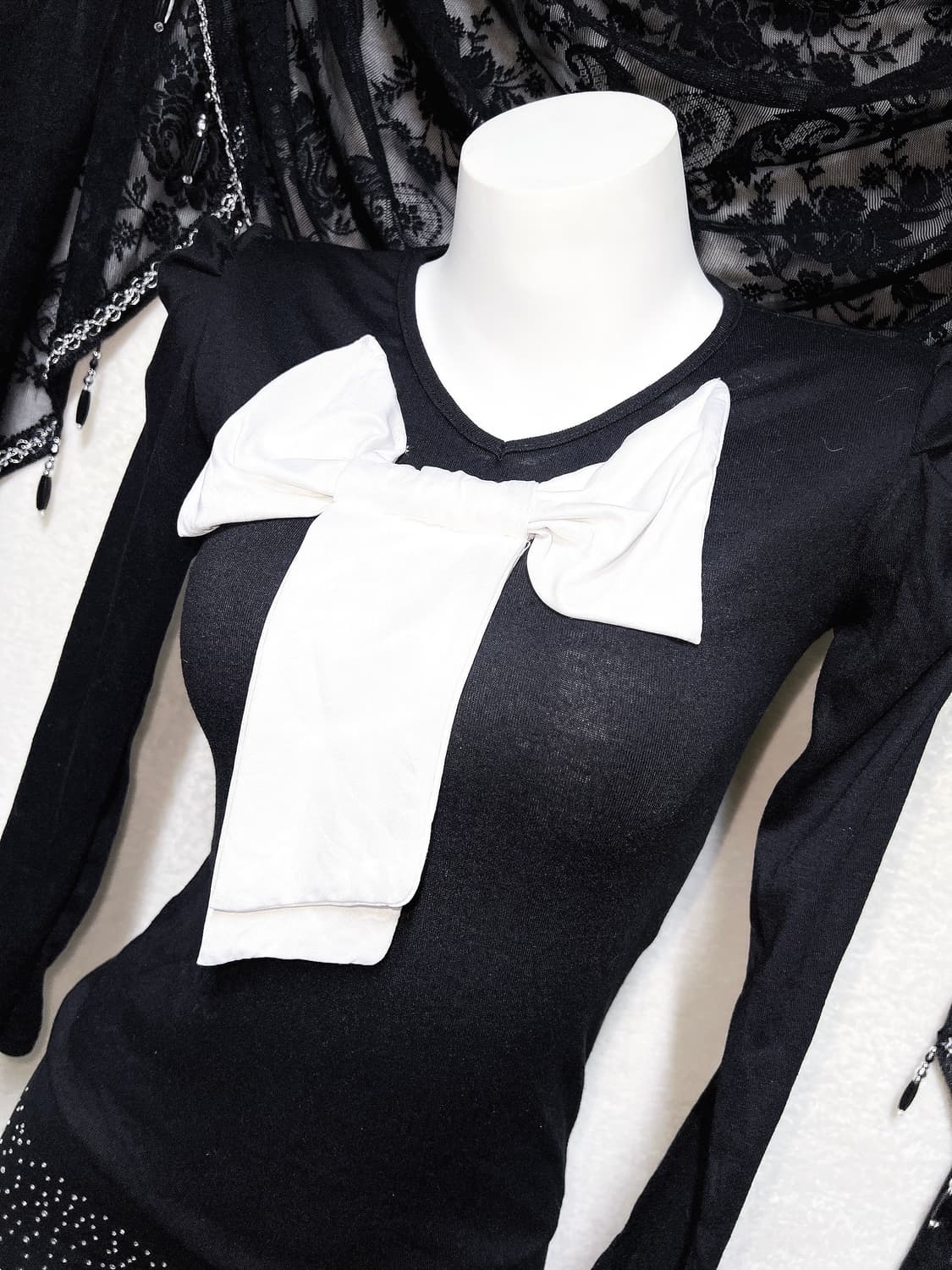 로맨틱고딕 고스 오네갸루 히메 왕리본 퍼프숄더 미니원피스 섹시 연말 파티 상품이미지5