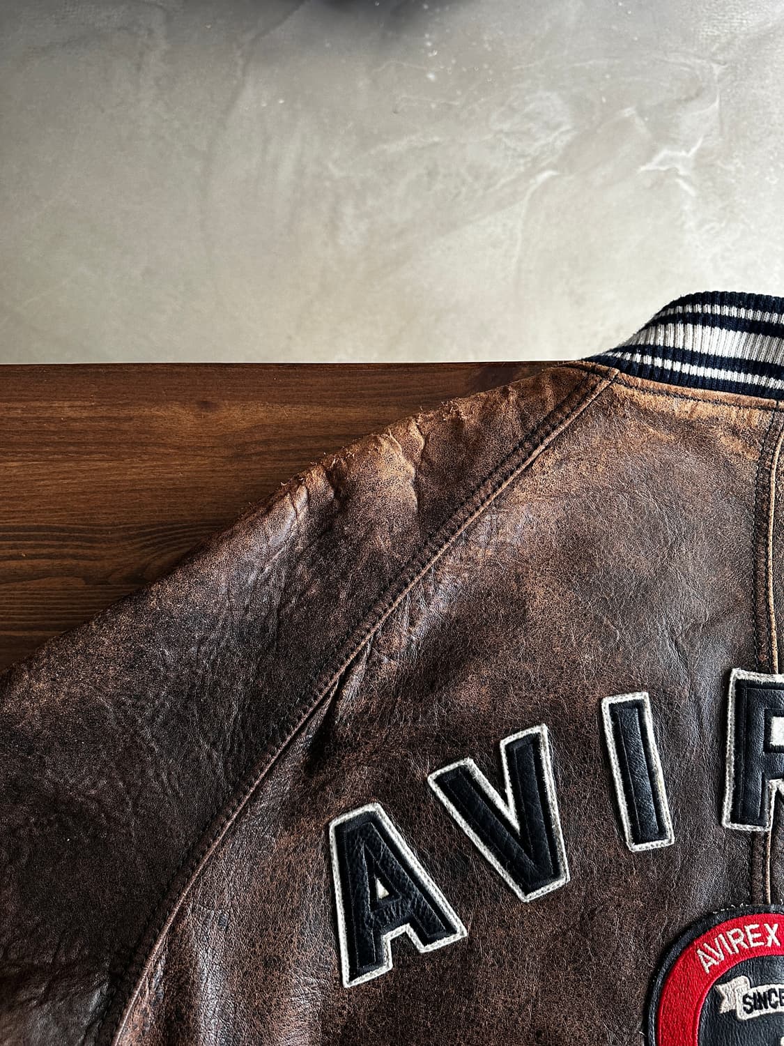 90s Avirex 아비렉스 레더 바시티 자켓 브라운 상품이미지6