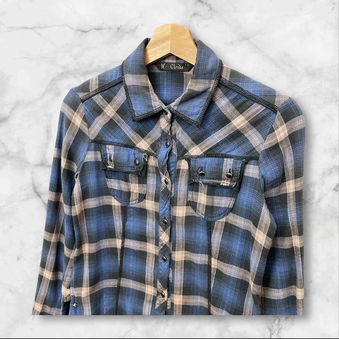 빈티지 네이비블루 체크 y2k 웨스턴 긴팔 셔츠 85 상품이미지3
