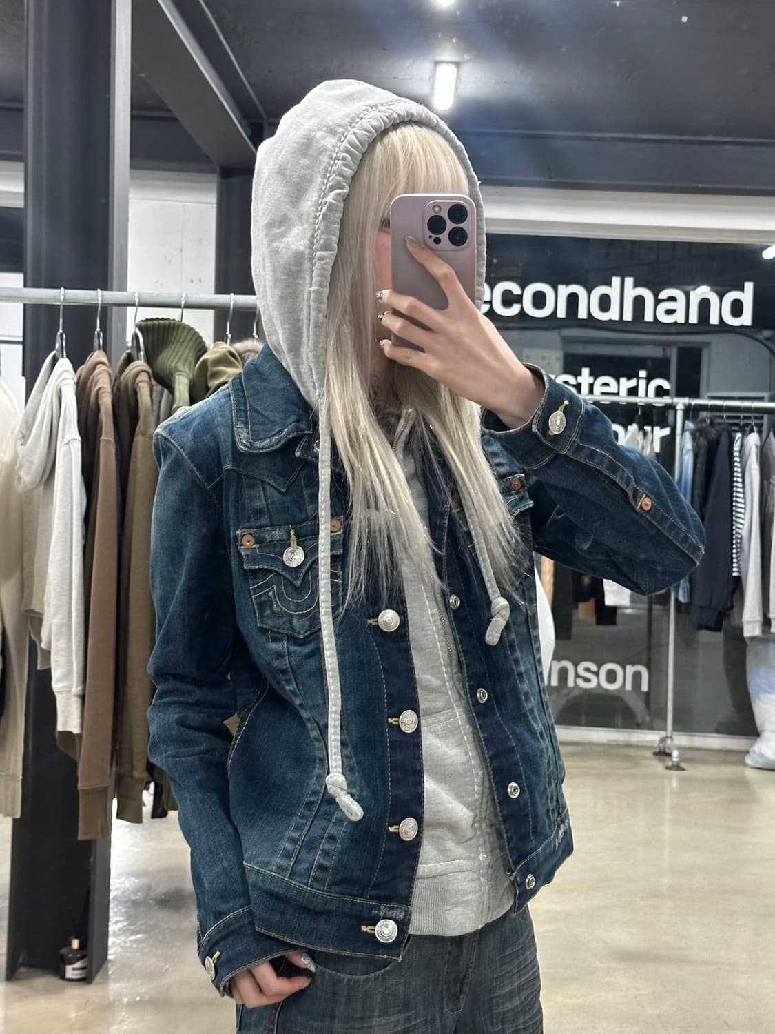 트루릴리전 후드 레이어드 데님 청자켓 y2k 상품이미지2
