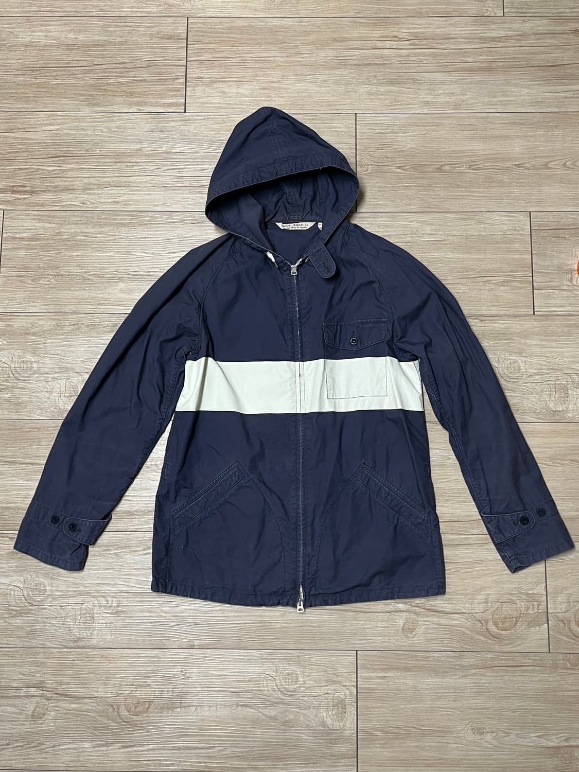 피그벨 후드집업 네이비 화이트 배색 점퍼 상품이미지1