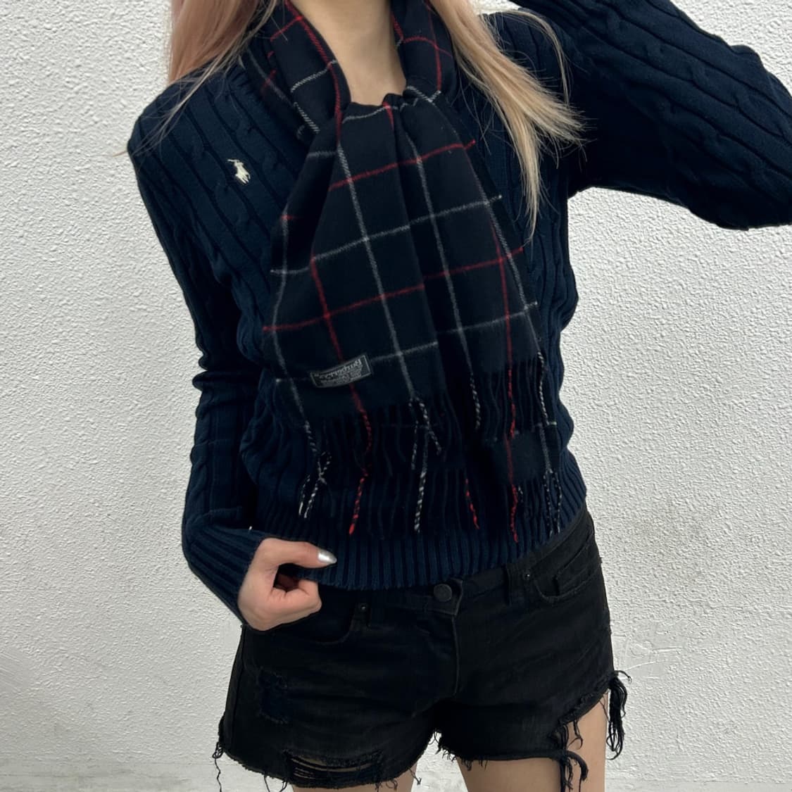 버버리 레드 타탄체크 네이비 캐시미어 머플러 상품이미지2