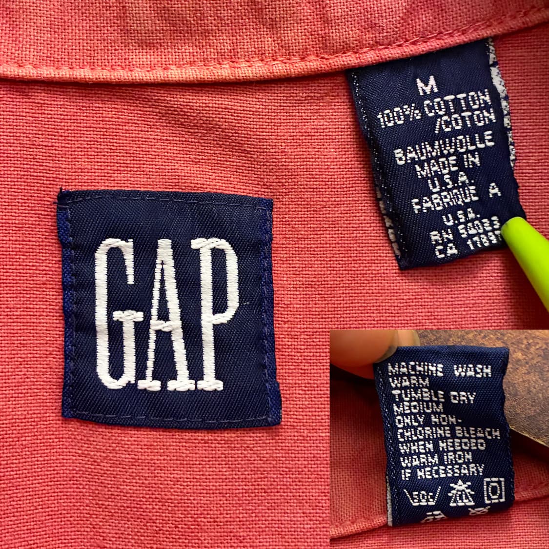 (M/105)90s USA Gap 올드갭 코랄 핑크 피그먼트 워싱 반팔셔 상품이미지10