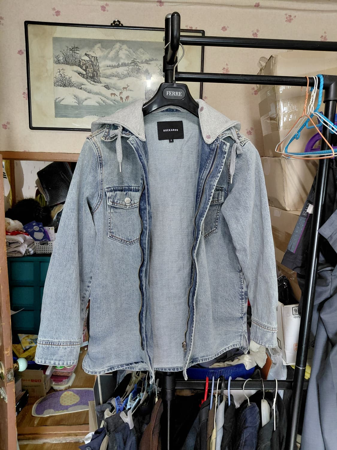 [버커루]남녀공용 오버핏 데님 후드 셔켓 S사이즈 상품이미지3