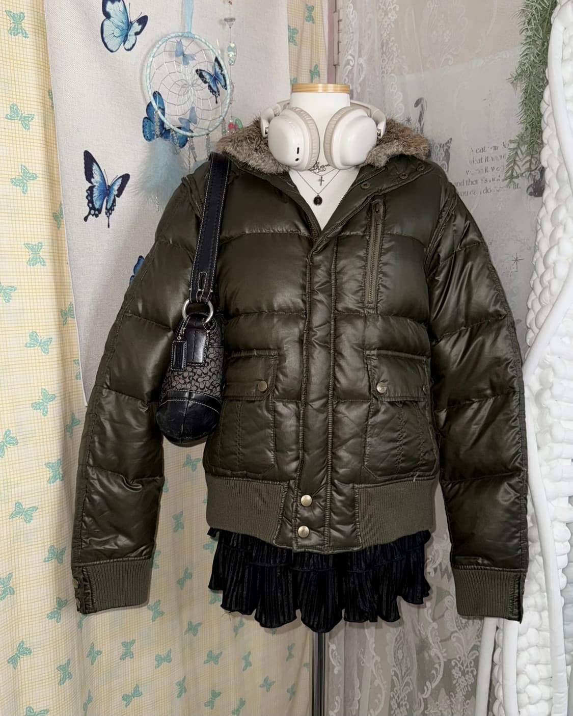 카키 레빗 퍼 다운 패딩 자켓 상품이미지5