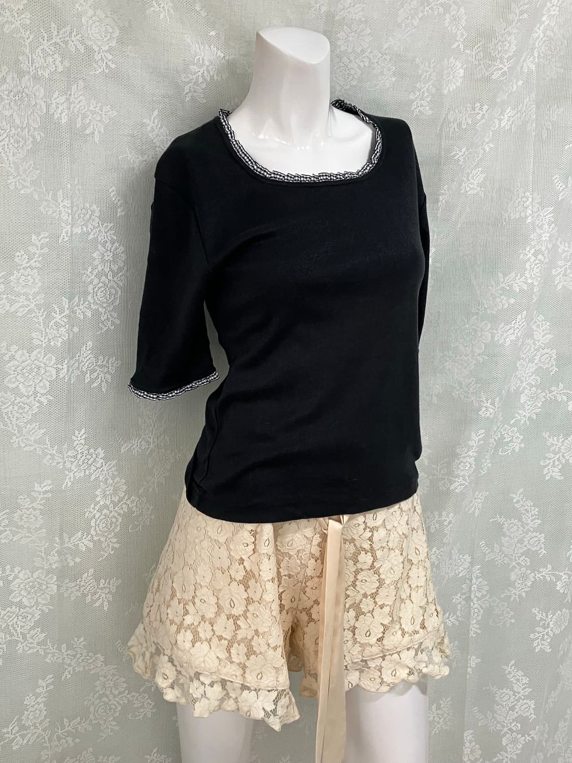 빈티지 레이스 펄 블랙 반팔 1104 모리걸 y2k 스트릿 갸루 펑키 일 상품이미지1