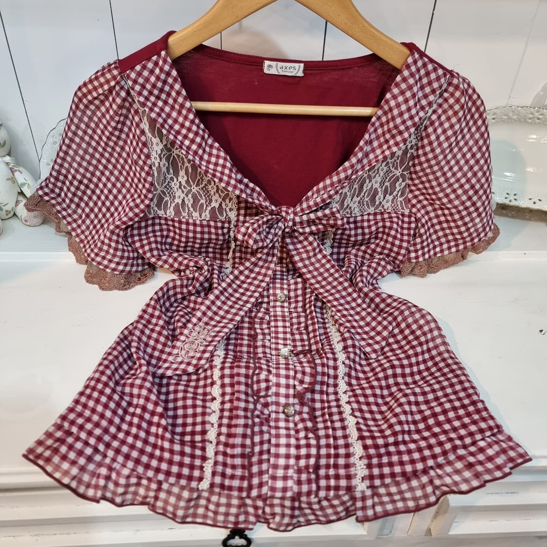 axes femme(액시즈팜) 버건디 깅엄체크 리본 블라우스  상품이미지1