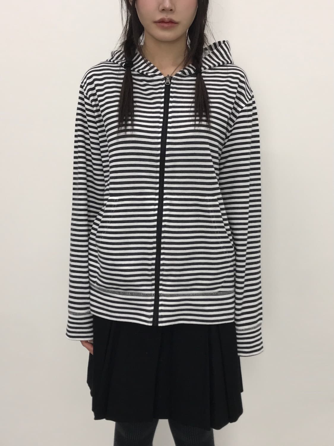 Jpn Black & White Striped Hooded Zip-Up 상품이미지2