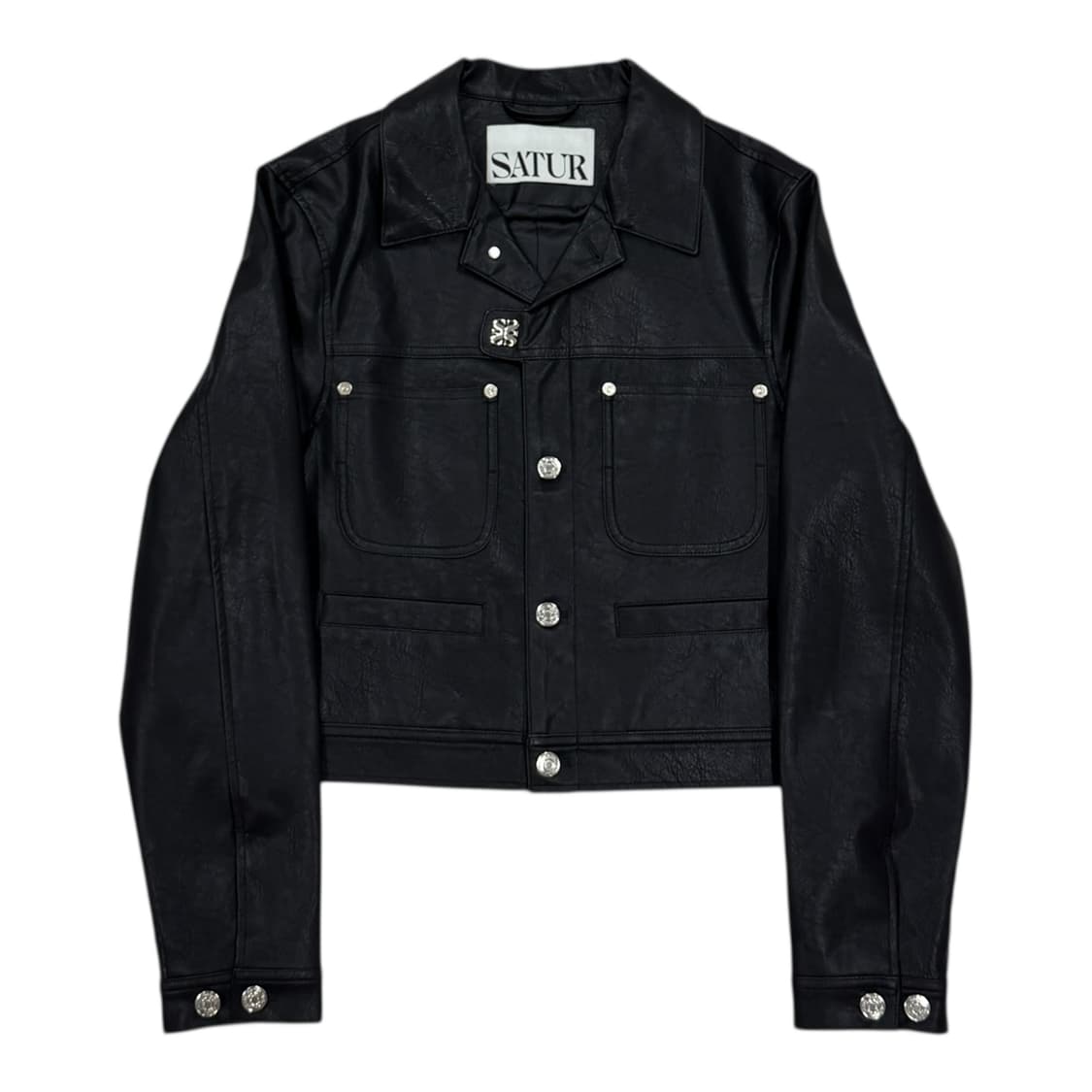 세터 우먼 심볼 브로치 폭스 레더 자켓 클래식 블랙 상품이미지1