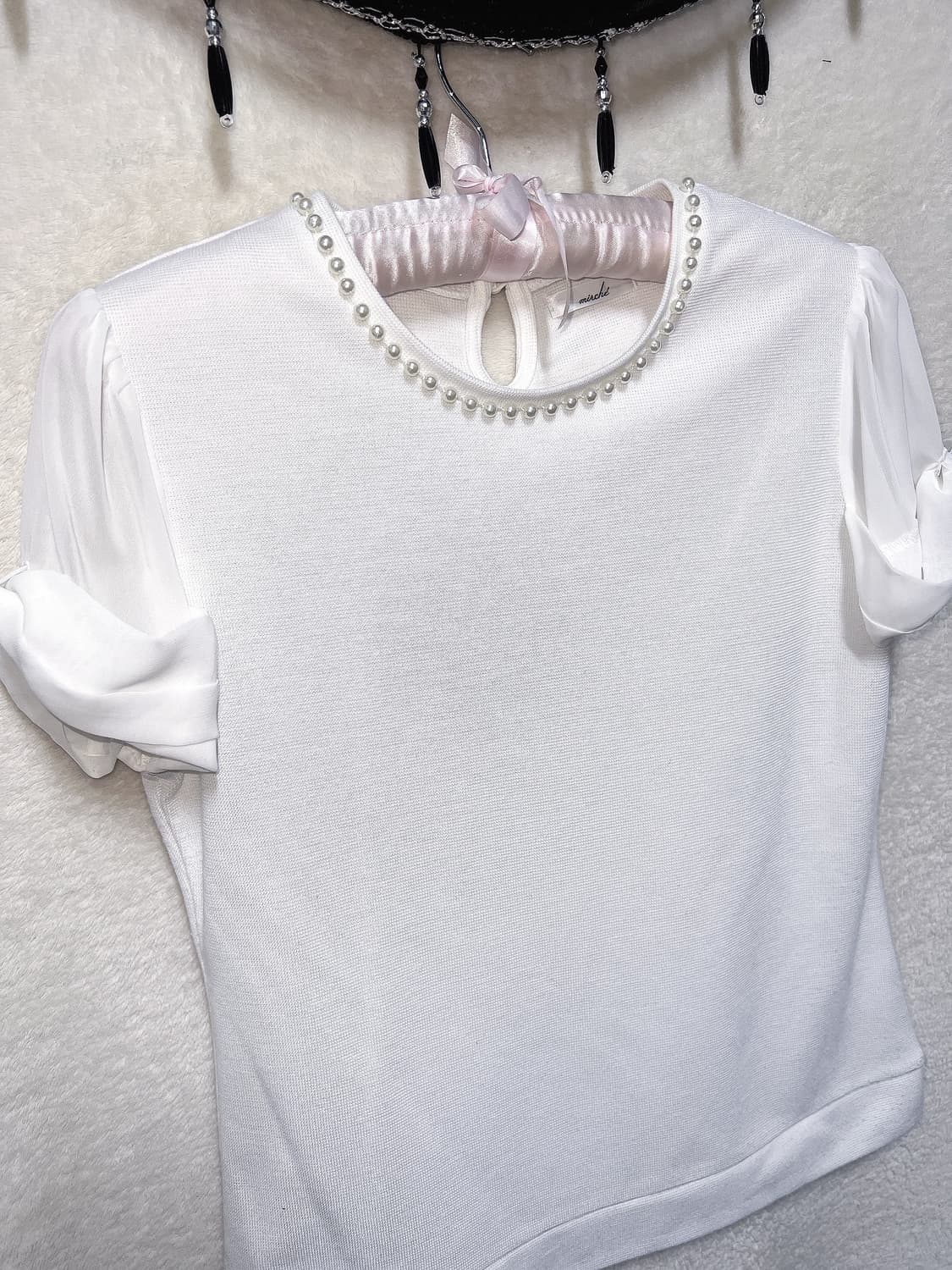 로맨틱갸루 히메 페미닌 진주 화이트 퍼프리본 반팔 로걀탑 핀터 러블리 상품이미지9