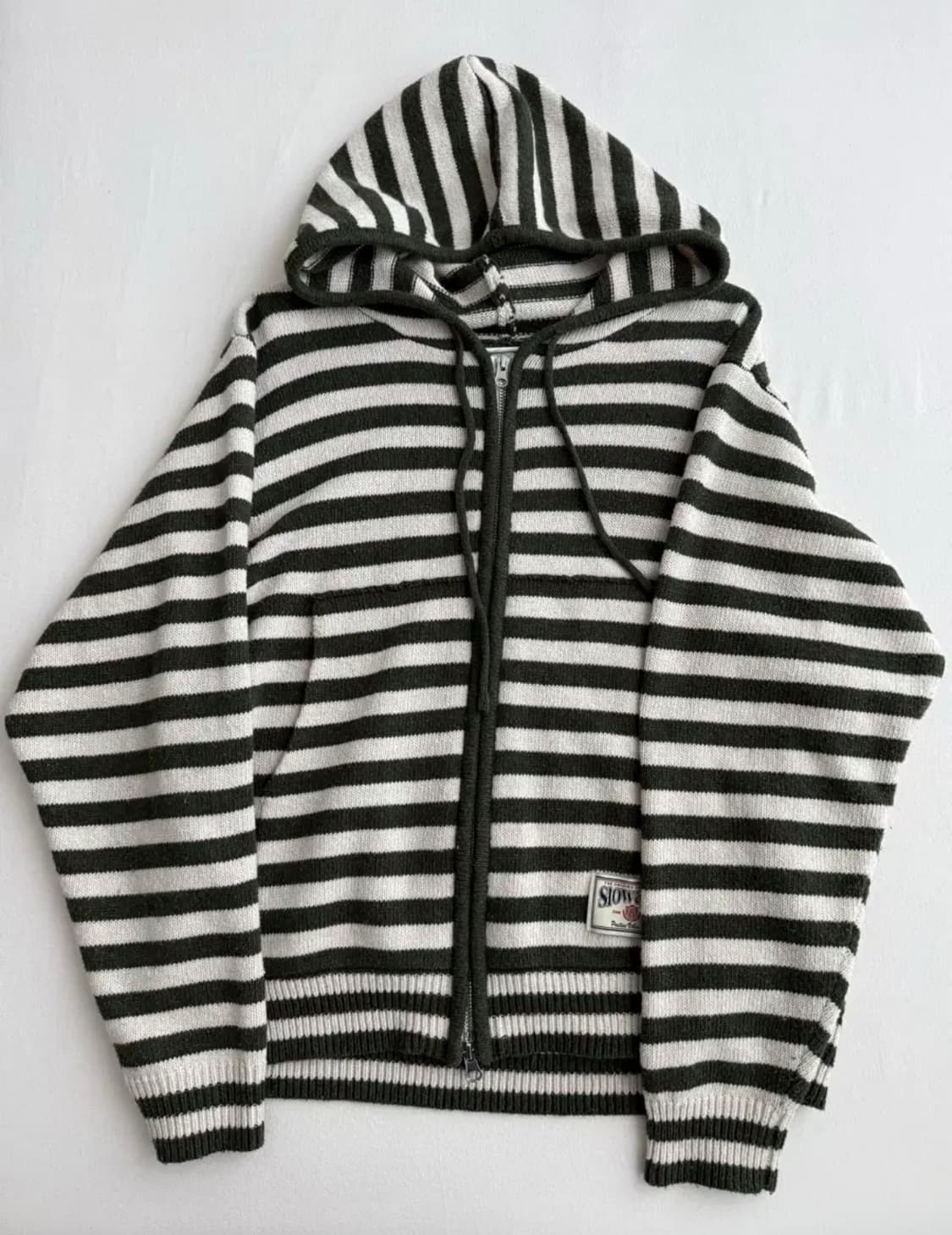 슬로우애시드 스트라이프 니트 후드집업 카키 상품이미지1