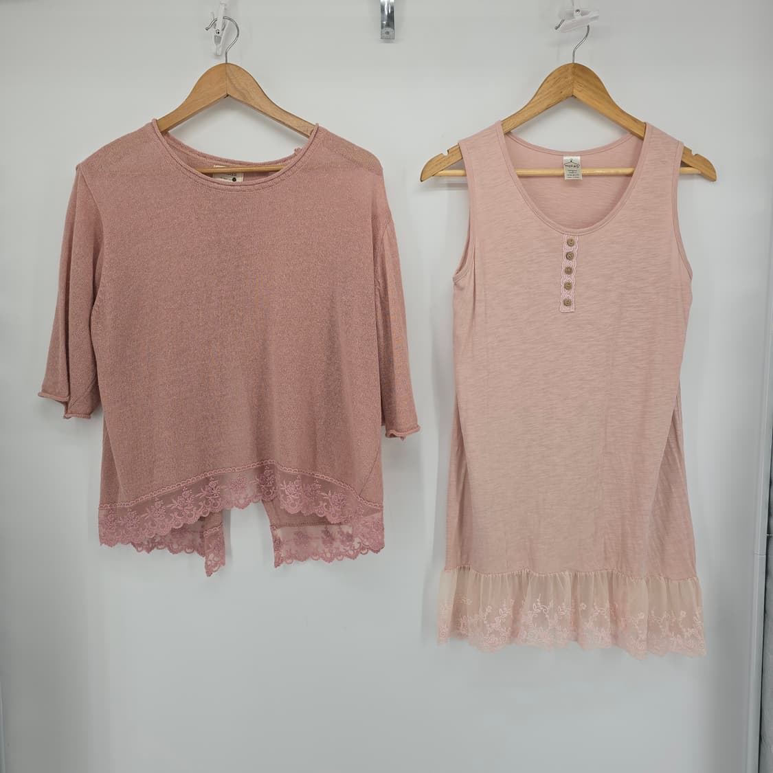 레이스 핑크 상의/원피스 레이어드 코디 세트   상품이미지1