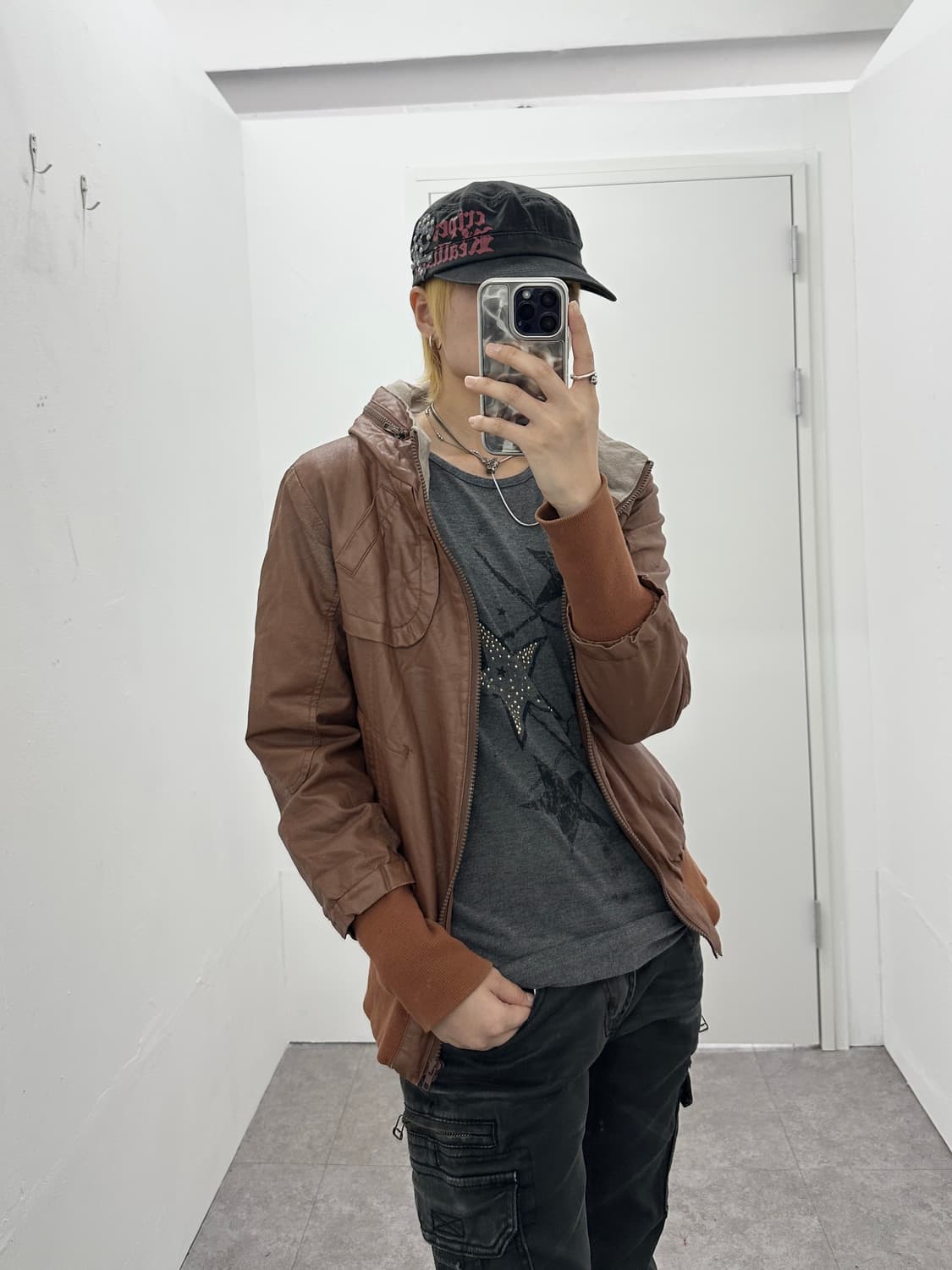 High neck brown leather jacket 상품이미지1