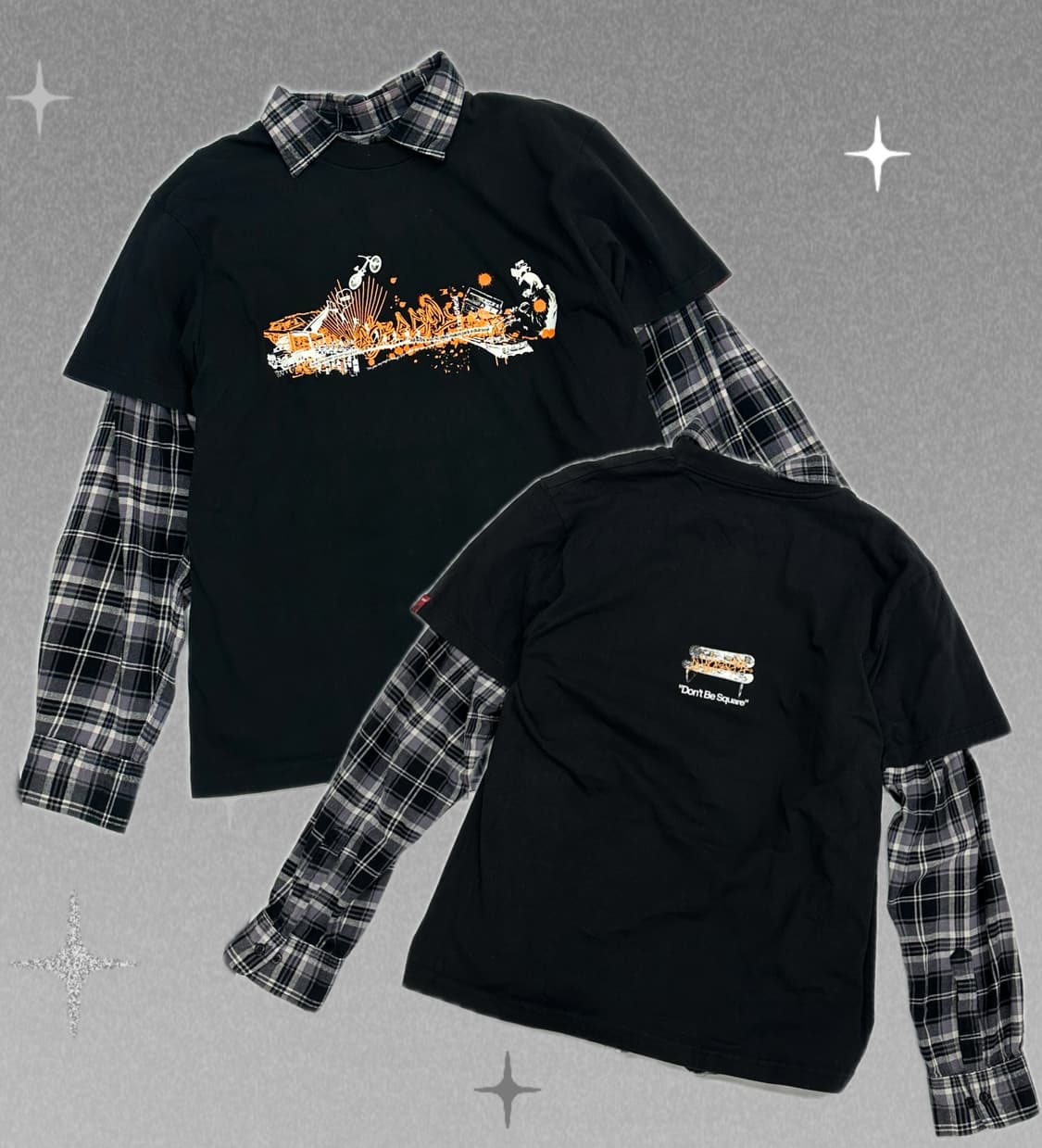  kissmark 블랙반팔티 y2k 프린팅 체크  레이어드 상의코디  상품이미지1