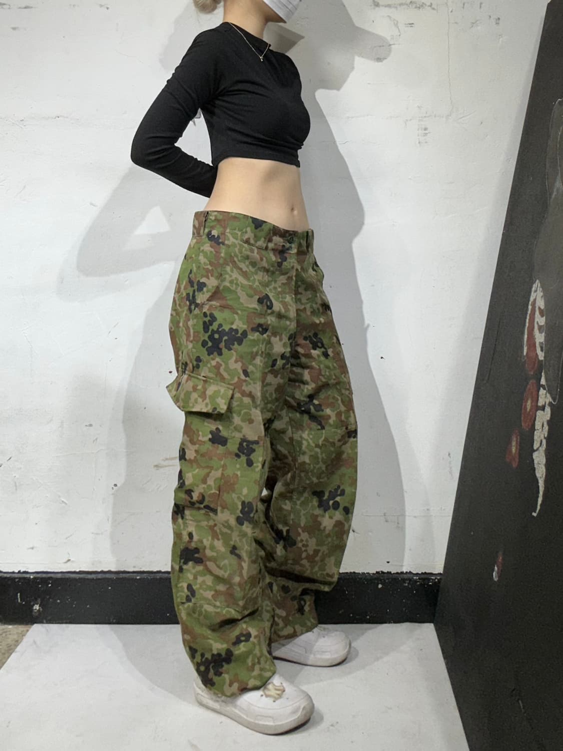 빈티지 카키 밀리터리 카모 와이드 카고 팬츠  상품이미지1