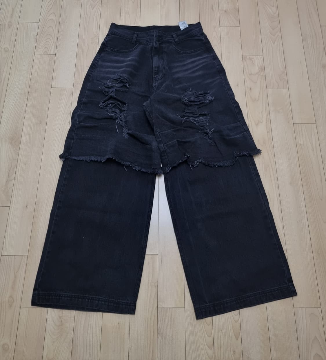 [M] 비엘알 BLR 디스트로이드 빈티지 더블 데님 팬츠 블랙 상품이미지1