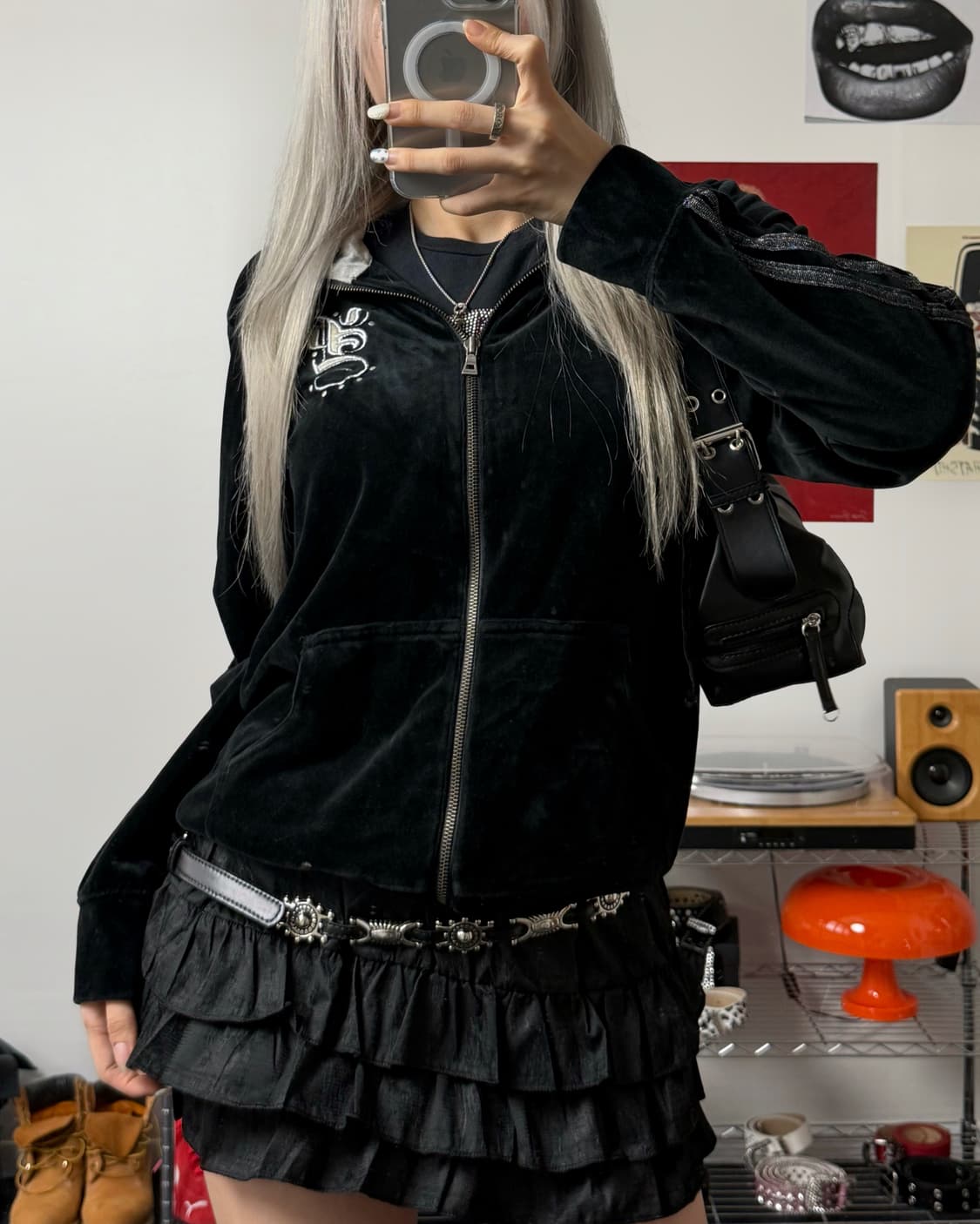 빈티지 Y2K 벨벳 후드집업 블랙 상품이미지1