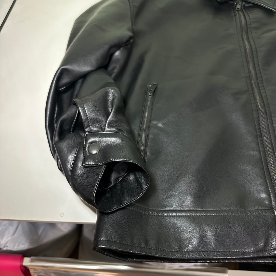 M 라퍼지스토어 블랙 오버핏 투웨이 카라넥 레더자켓 상품이미지3