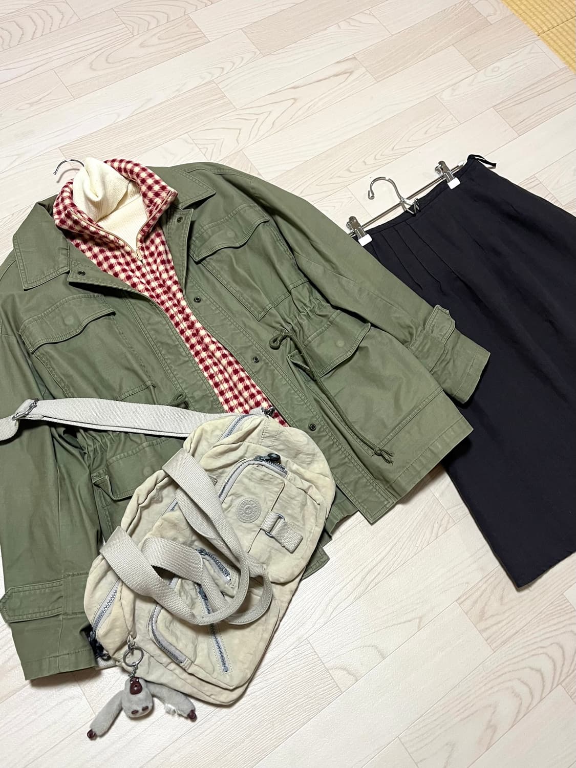 일본빈티지 카키자켓 체크 플리스 미디치마 키프링백 하구미 모리걸 상품이미지1